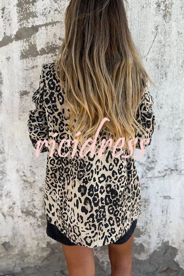 Leopard Print Lapel Long Sleeve Casual Blazer