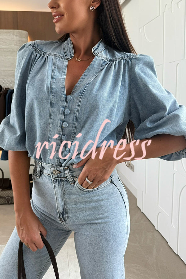Fashion V-neck Button-down Lantern Sleeve Casual Denim Shirt