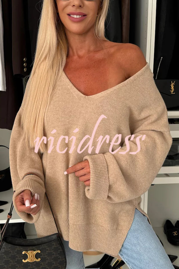 Cold Weather Knit Solid Color Long Sleeve V-neck Irregular Relaxed Sweater