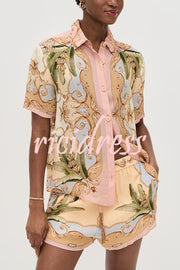 Royalty Unique Print Button Up Short Sleeve Shirt and Elastic Waist Pocketed Loose Shorts Set