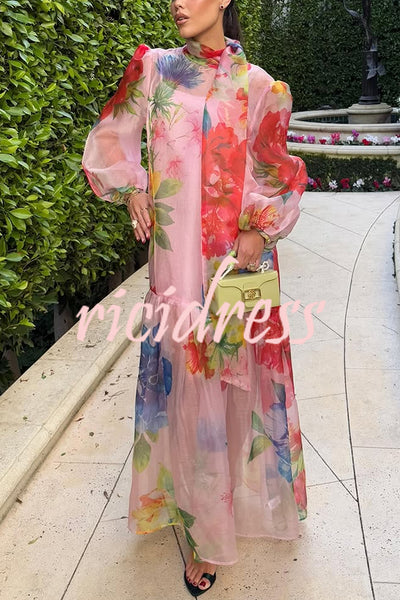 Garden Blooms Organza Floral Print Tie-up Neck Balloon Sleeve Loose Maxi Dress