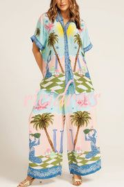 Summer Vacation Printed Short-sleeved Loose Shirt and Elastic Waist Pocket Pants Set