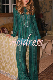 Relaxing Time Knit Zigzag Pattern Tassel Trim Slit Top and Wide Leg Pants Set