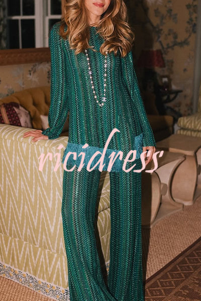 Relaxing Time Knit Zigzag Pattern Tassel Trim Slit Top and Wide Leg Pants Set