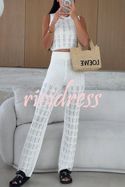 Solid Color Hollow Sleeveless Round Neck Knitted Vest and Stretch Casual Straight Pants Set