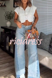 Ellison Denim Side Colorblock High Rise Pocket Wide Leg Jeans
