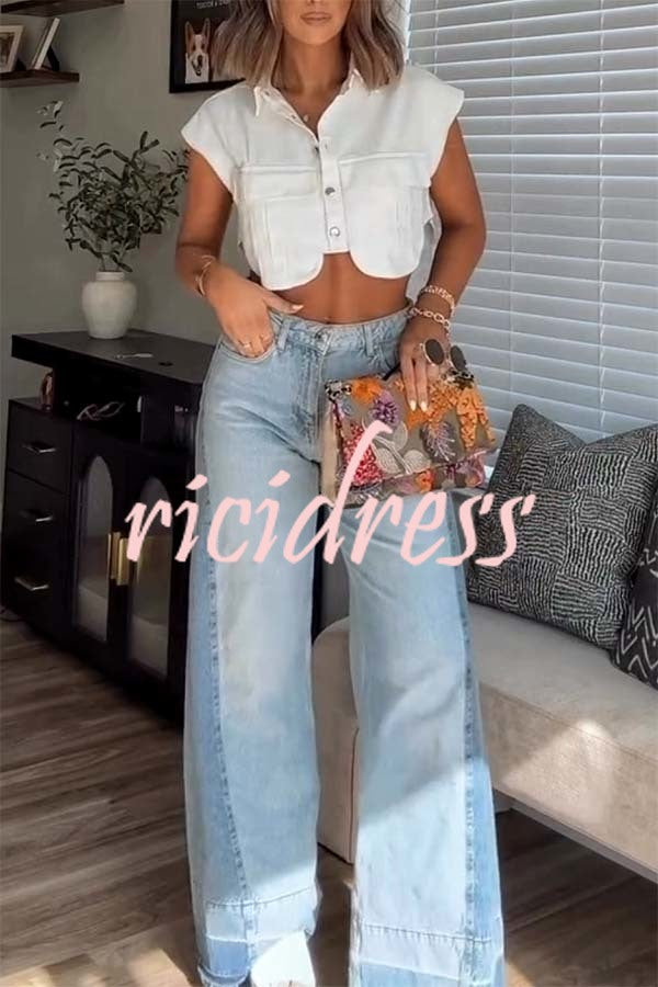 Ellison Denim Side Colorblock High Rise Pocket Wide Leg Jeans