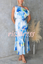 Satin Unique Print One Shoulder Tie Waist Slit Maxi Dress