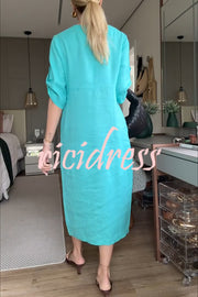 Ultra-comfortable Linen Blend Half Sleeve Front Button Detail Relaxed Pocket Midi Dress