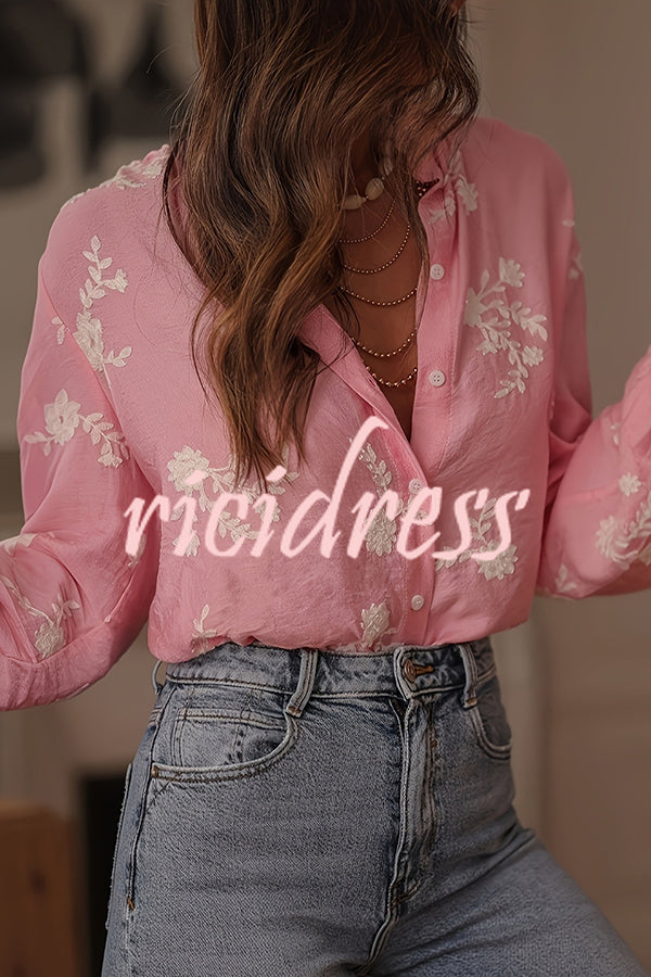 Floral Embroidery Long-Sleeved Button-Up Elegant Shirt