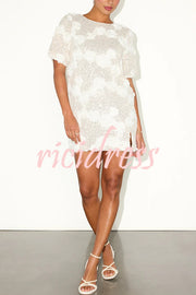 Feeling Exquisite Sequin-embellished Rose Texture Short Sleeve H-line Mini Dress