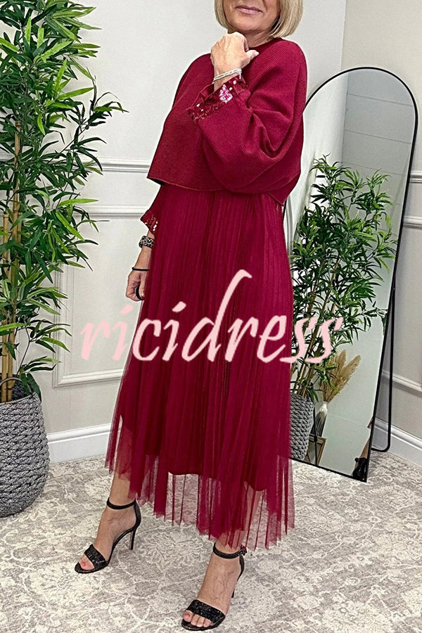 Fenna Ribbed Sequin Trim Batwing Sleeve Sweater and Pleated Tulle Stretch Tank Midi Dress Two-piece Set