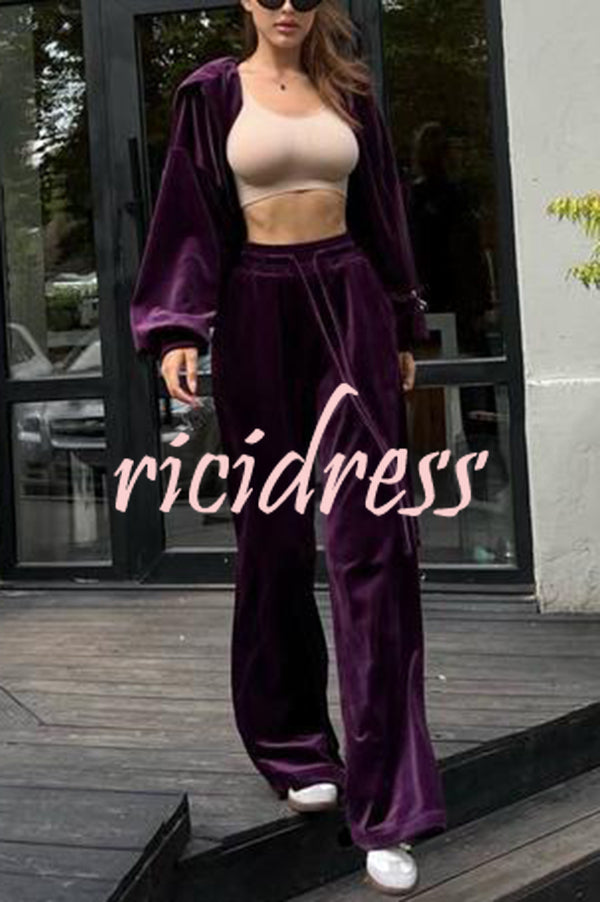 Velvet Casual Zip-up Hooded Top and Elastic Waist Wide Leg Pants Set