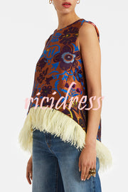 Emina Floral Feather Trim Trapezoidal Silhouette Asymmetrical Hem Top