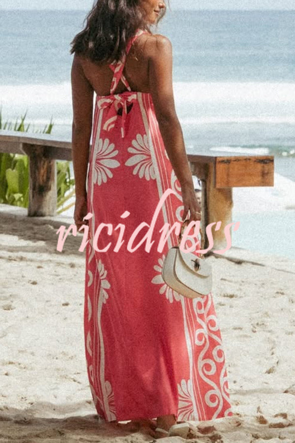 Unique Print Square Neck Open Back Tie Bow Holiday Maxi Dress