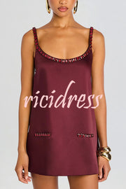 Taste Red Wine Satin Gemstone Trim Round Neck Slip H-line Mini Dress