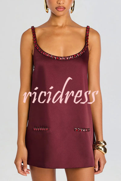 Taste Red Wine Satin Gemstone Trim Round Neck Slip H-line Mini Dress