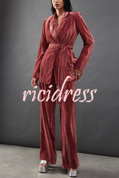 Solid Color Velvet Long-sleeved Waist Tie Top and Elastic Waist Casual Pocket Straight-leg Pants Set