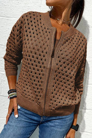 Solid Color Casual Knit Hollow Zipper Jacket