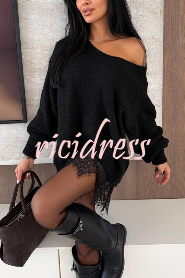 Comfy and Sweet Knit Lace Patchwork Hem Wide Neck Long Sleeve Loose Sweater