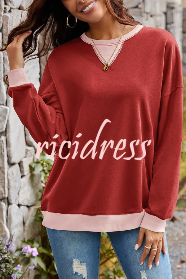 Fashionable Contrasting Color Loose Long-sleeved Casual Sweatshirt