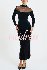 Fashionable Velvet and Mesh Spliced long-sleeved Slim-fit Maxi Dress