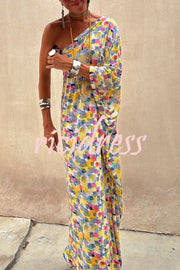 Indio Watercolor Print One Shoulder Drape Sleeve Maxi Dress