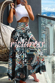 Unique Printed Pleated Elastic Waist Holiday Casual Maxi Skirt