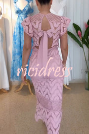 Elouise Wave Dot Embroidery Lace Back Tie-up Top and Elastic Waist Maxi Skirt Set