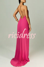Coralie Pleated Metal Ring Halter Backless Loose Maxi Dress