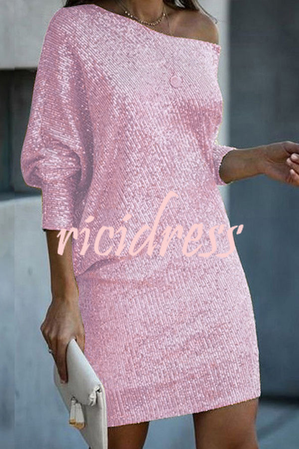 Solid Sequined Off-shoulder Loose Mini Dress