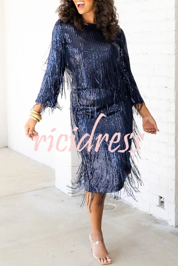 Insight Blueberry Sequin Fringe High Rise Elastic Waistband Midi Skirt