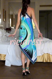 Naughty Lady Satin Unique Print One Shoulder Irregular Hem Vacation Midi Dress