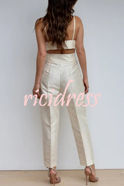 Chic Affair Satin Feather Trim Lapel Loose Blazer and High Rise Pocket Tapered Pants Set