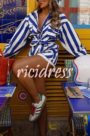 Striped Print Long-sleeved Waist Tie Pocket Casual Rompers