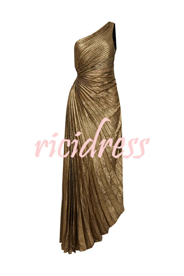 Midnight Kiss Metallic Fabric One Shoulder Cutout Pleated Maxi Dress