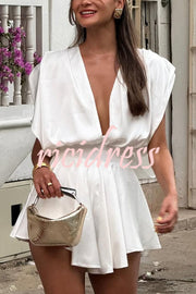 Key To Vacation Satin Ruched Shoulder Deep V-neck Loose Romper