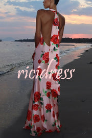 Rose Print Sexy Halter Neck Strappy Backless Slim Fit Maxi Dress