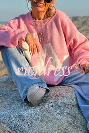 Letter Pattern Crew Neck Long Sleeve Loose Knit Sweater