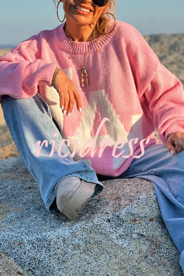 Letter Pattern Crew Neck Long Sleeve Loose Knit Sweater