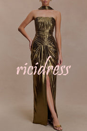 Clemence Plisse Metallic Fabric Reverse Halter Beck Strap Drape Slit Maxi Dress