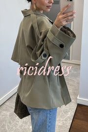 Modern Urban Dropped Shoulder Strap Button Detail Belted Lapel Loose Trench Coat