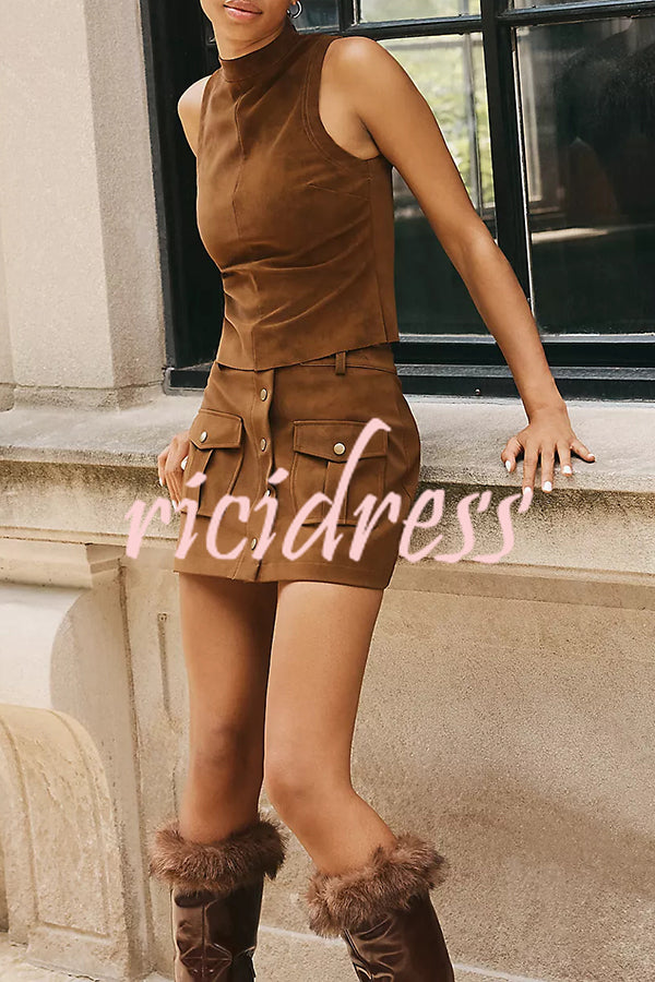 Autumn Atmosphere Faux Suede High Neck Zipper Tank and Button-Front Pocket Mini Skirt