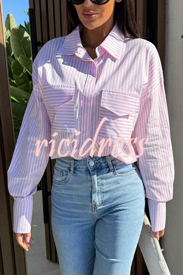 Stripe Print Lapel Long Sleeve Pocket Casual Shirt