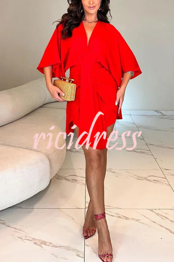 Solid Color V-Neck Half Sleeve Casual Irregular Mini Dress