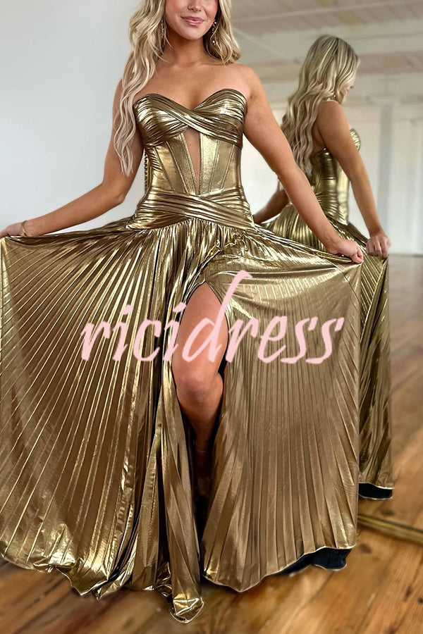 Dazzling Metallic Fabric Cross Strapless Cutout Slit Pleated Maxi Dress