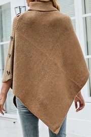 Solid Color Turtleneck Button-embellished Knitted Shawl Cape