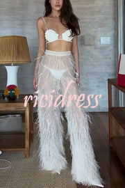 Braylie Sheer Tulle Tiered Feather Trim High Rise Wide Leg Pants