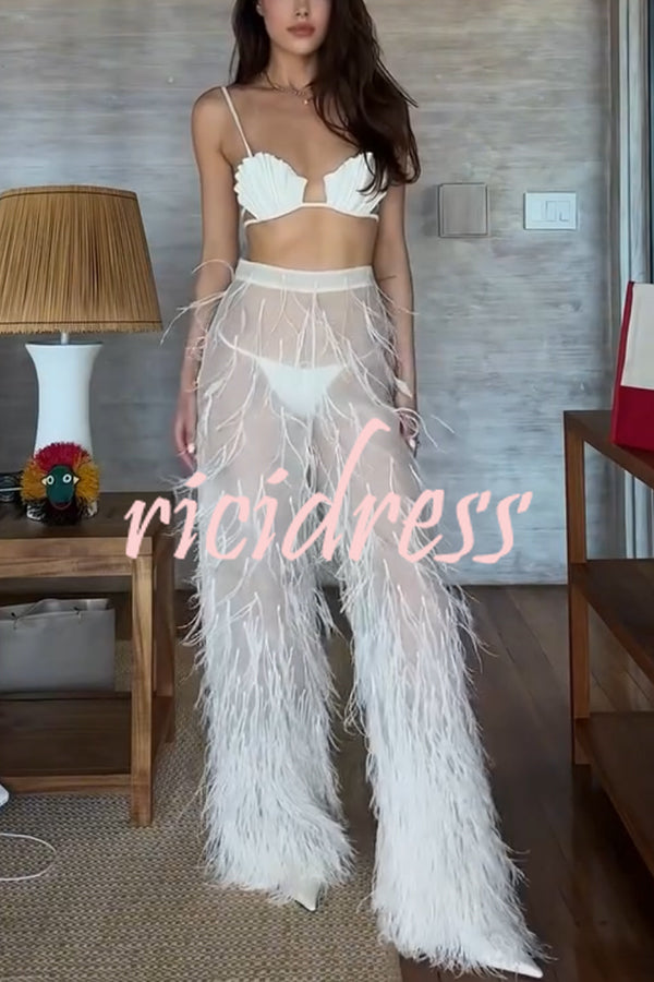 Braylie Sheer Tulle Tiered Feather Trim High Rise Wide Leg Pants