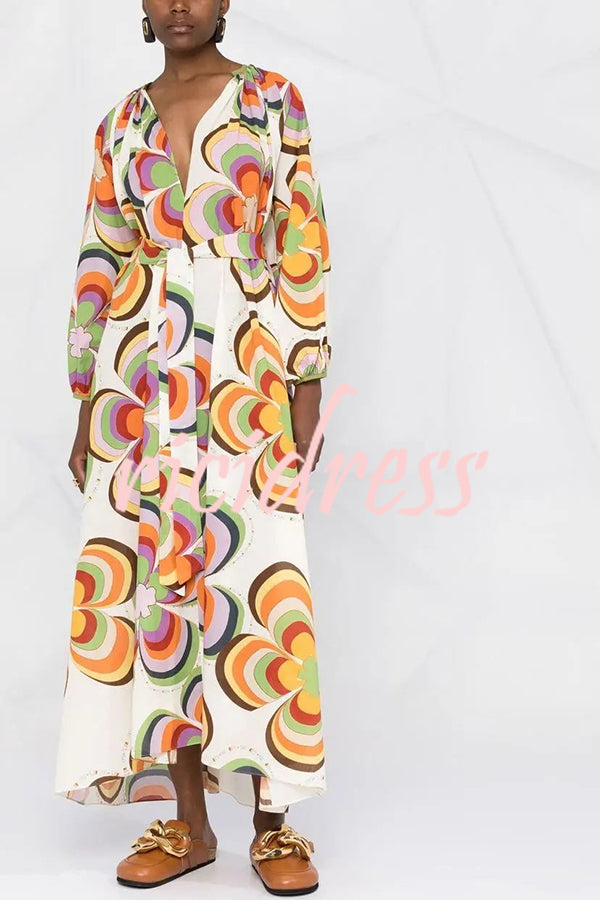 Boat Days Unique Print Balloon Sleeve Pocketed Loose Robe Maxi Dress